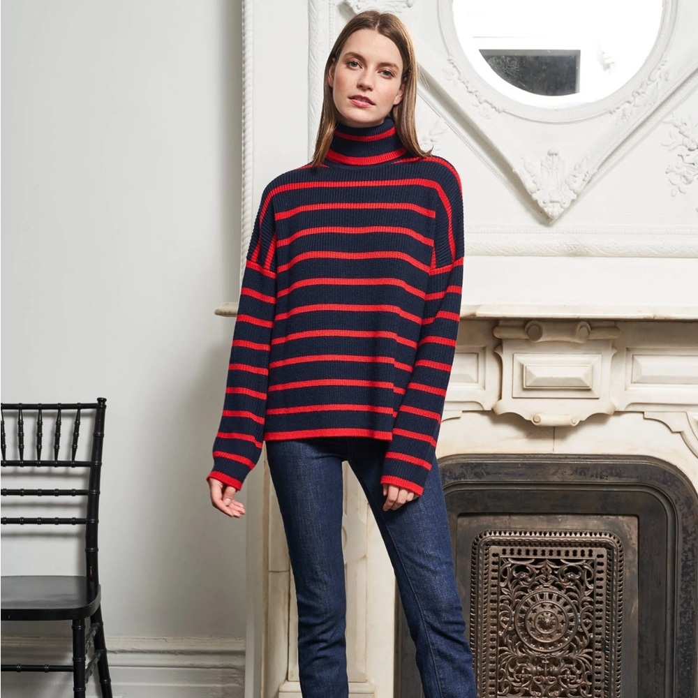 La Ligne Navy and Red Turtleneck Striped Sweater Small